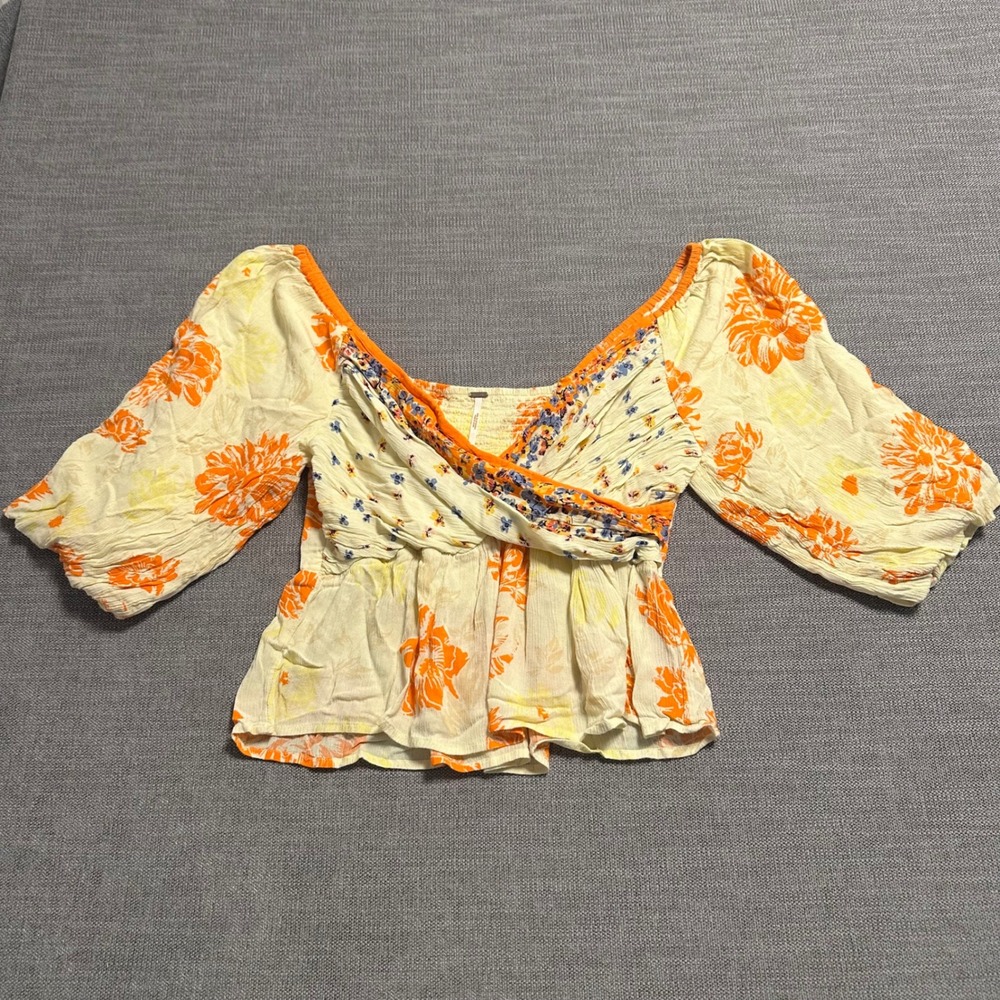 Free People Blouse Womens Large Cream Orange Floral Smocked Peplum